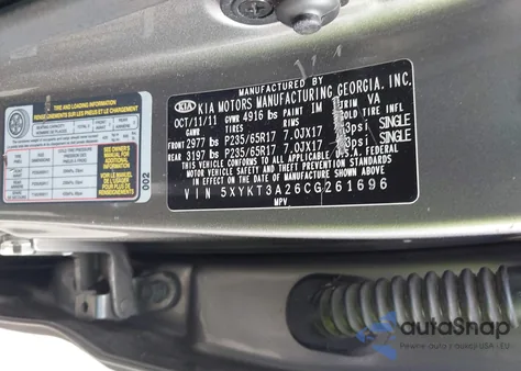 2012 Kia Sorento Lx V6 из США, поврежденный, VIN 5XYKT3A26CG261696